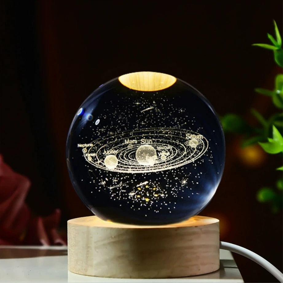 Galaxy Crystal Ball Lamp – 3D Planet & Moon LED Night Light with Wooden Base