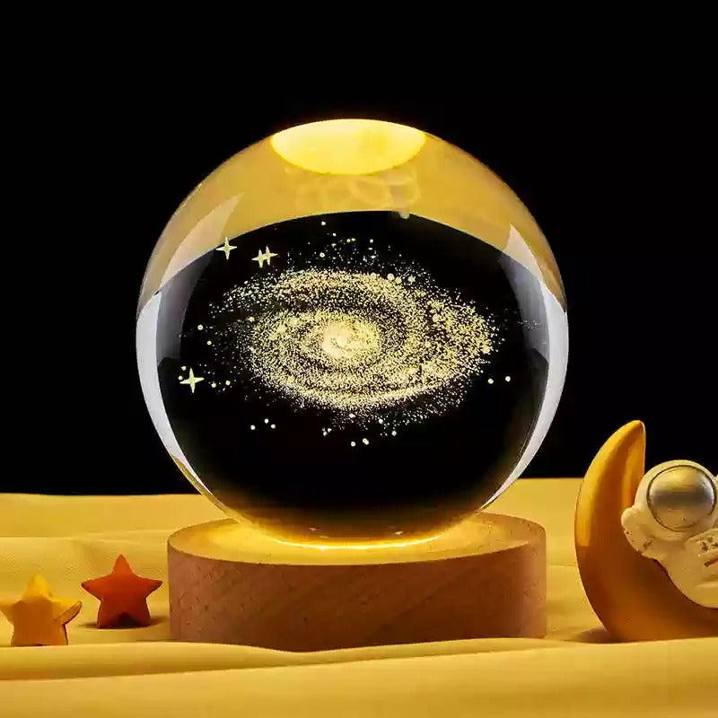 Galaxy Crystal Ball Lamp – 3D Planet & Moon LED Night Light with Wooden Base