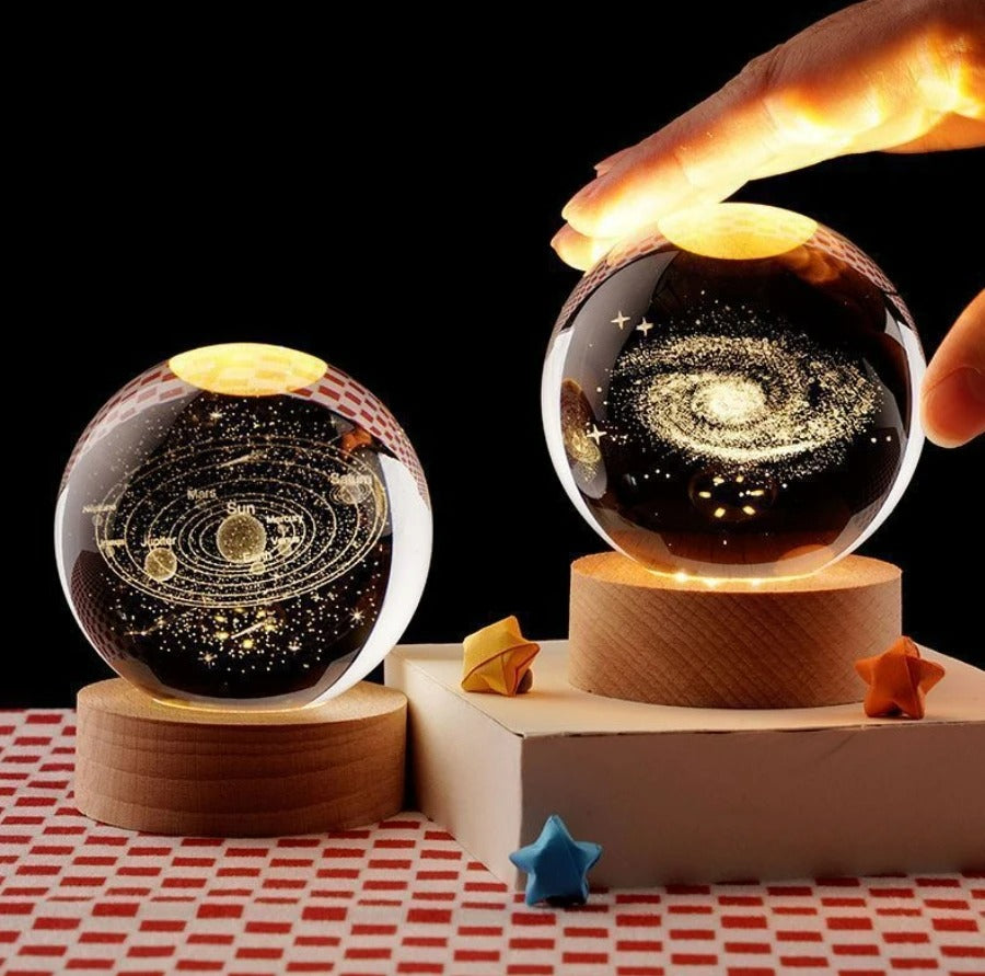 Galaxy Crystal Ball Lamp – 3D Planet & Moon LED Night Light with Wooden Base