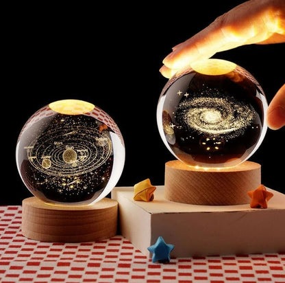Galaxy Crystal Ball Lamp – 3D Planet & Moon LED Night Light with Wooden Base