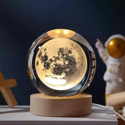 Galaxy Crystal Ball Lamp – 3D Planet & Moon LED Night Light with Wooden Base