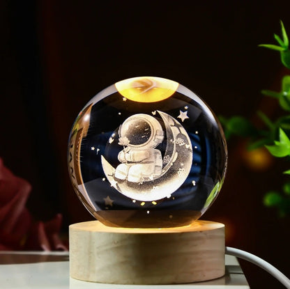 Galaxy Crystal Ball Lamp – 3D Planet & Moon LED Night Light with Wooden Base