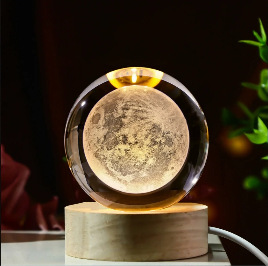 Galaxy Crystal Ball Lamp – 3D Planet & Moon LED Night Light with Wooden Base