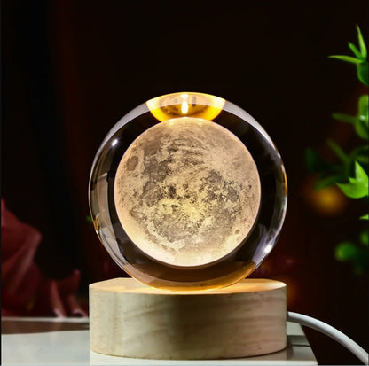Galaxy Crystal Ball Lamp – 3D Planet & Moon LED Night Light with Wooden Base