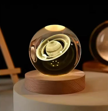 Galaxy Crystal Ball Lamp – 3D Planet & Moon LED Night Light with Wooden Base